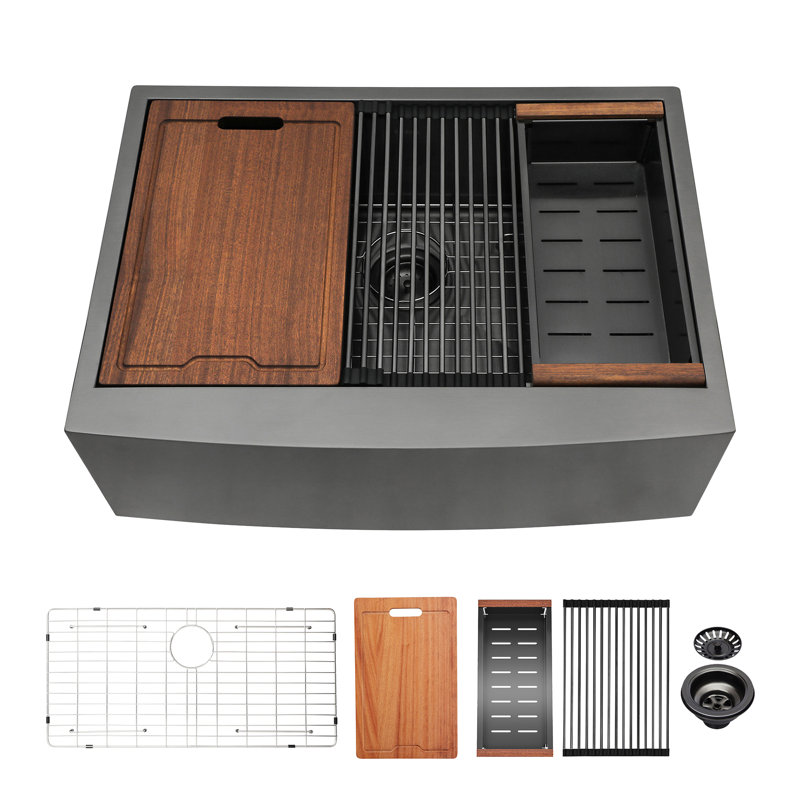 Évier de cuisine à tablier en acier inoxydable 33 po x 22 po x 10 po avec station de travail - noir mat et saleté, surface hygiénique facile à entretenir, nourriture