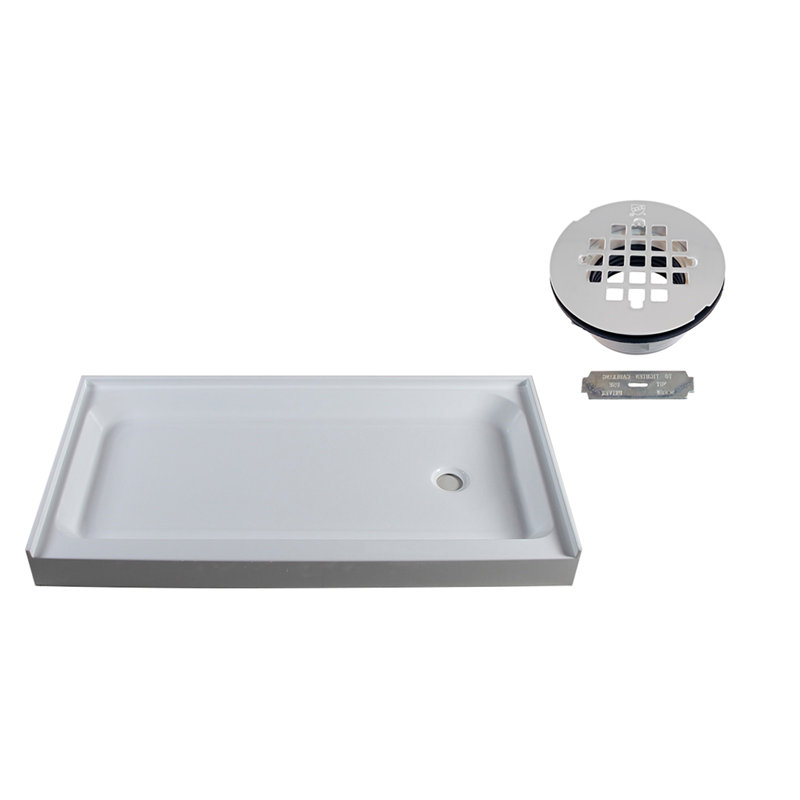 Base de douche à seuil simple l 60 po x P 34 po avec couvercle de drain, Blanc thermolaqué