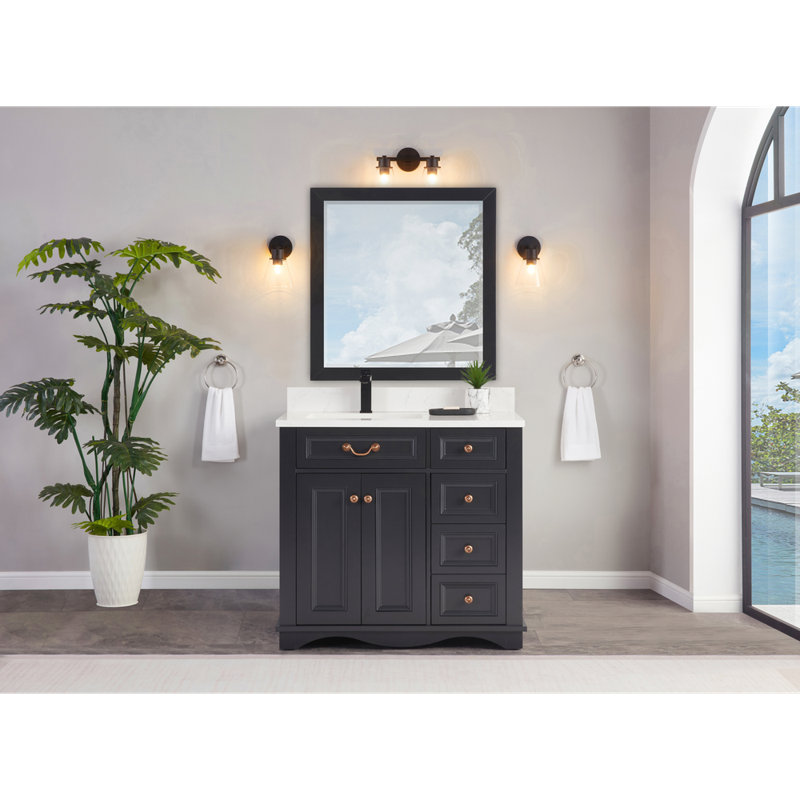 36" Solid Wood Sink Vanity  With 1' Artificial Stone Top, Tricorn Black