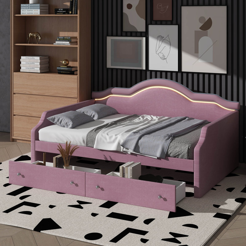 Full Size Fabric-Upholstered Daybed Complete With LED Illumination And Two Drawers, Full / Double, Pink