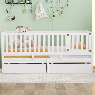 Twin Size Wood Joann with Fence Guardrails and 2 Drawers