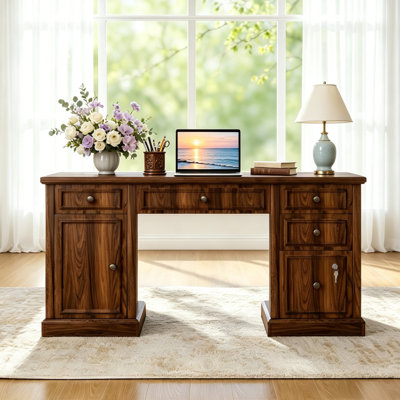 Bureau de direction 59 po avec tiroirs et prises de courant encastrées, bureau d'ordinateur en bois rustique avec classeur verrouillable