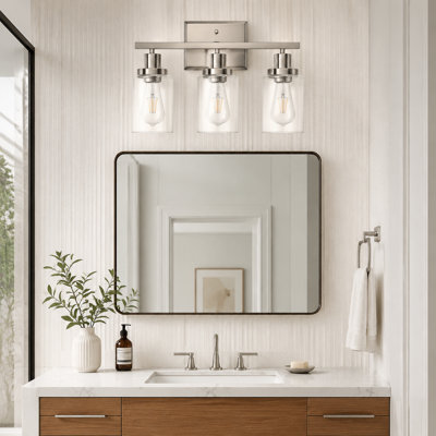 3-Light Brushed Nickel Bathroom Vanity Fixture with Clear Glass Shades and E26 Base, Wall Lighting for Mirror, Kitchen, Living Room and Gallery, Bulbs Not Included