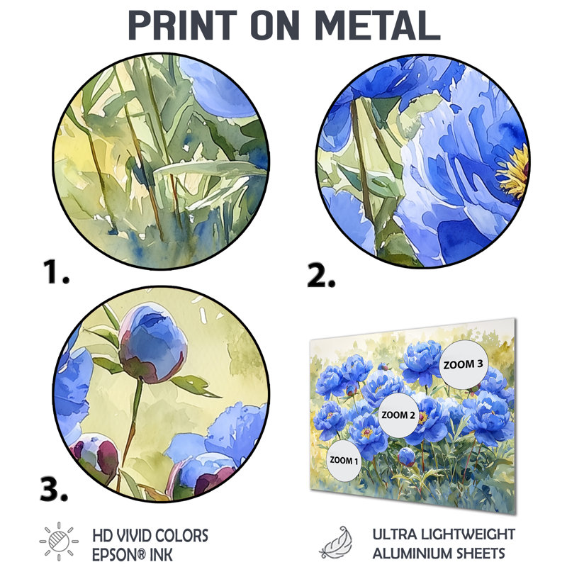 Pivoines bleues dans la prairie I - Grandes pivoines, art mural en métal, H 28 po x l 60 po