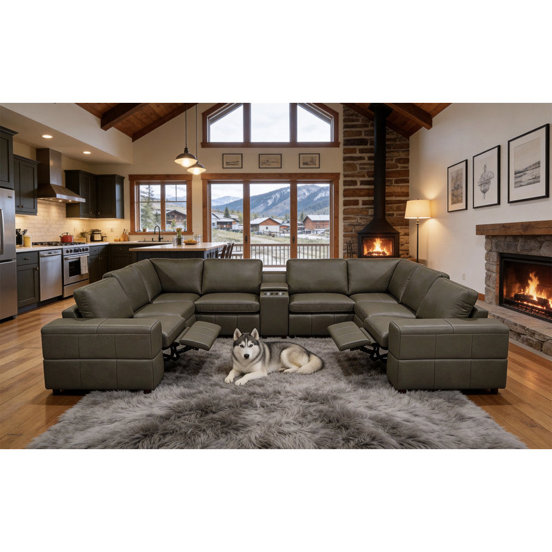Canapé modulaire en cuir de première qualité avec accoudoirs assortis et deux sièges inclinables, Olive Green