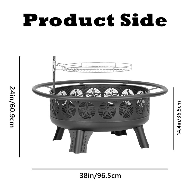38Inch Wood Burning Fire Pit With Grill & Lid, 24" H x 38" W x 38" D