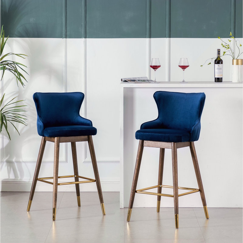 Fabric Upholstered Wingback Bar Stools, Set Of 2, Blue