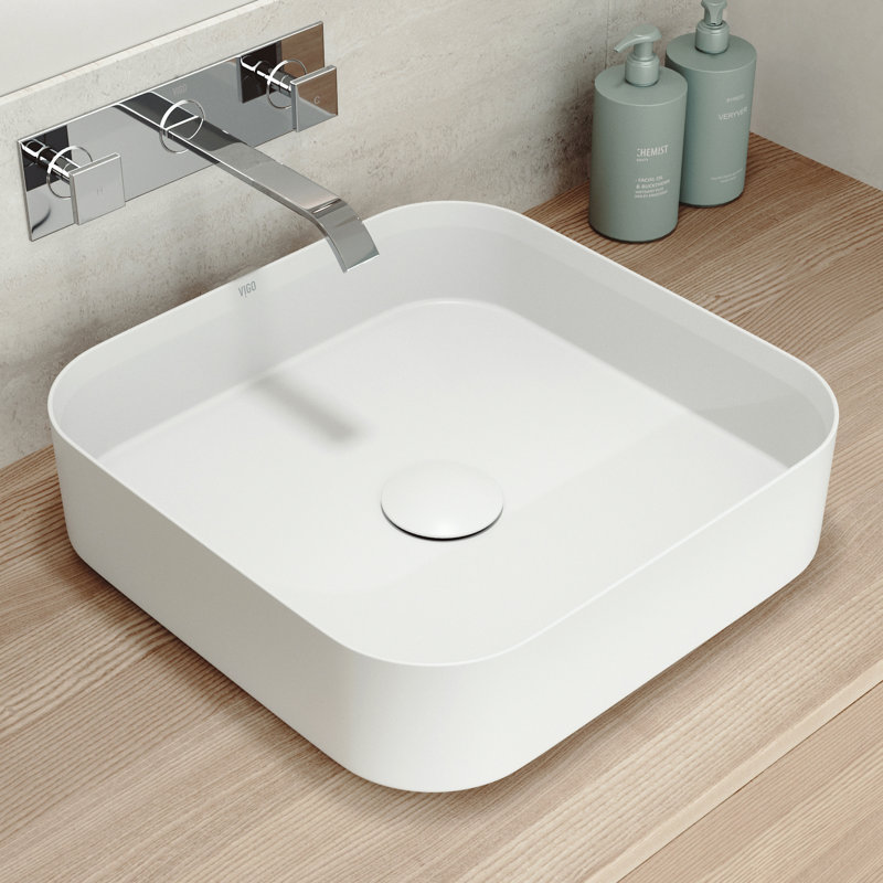 VIGO UltraThin™ 16-in L x 16-in W Matte White Matte Stone™ Vessel Square Minimalist Bathroom Sink