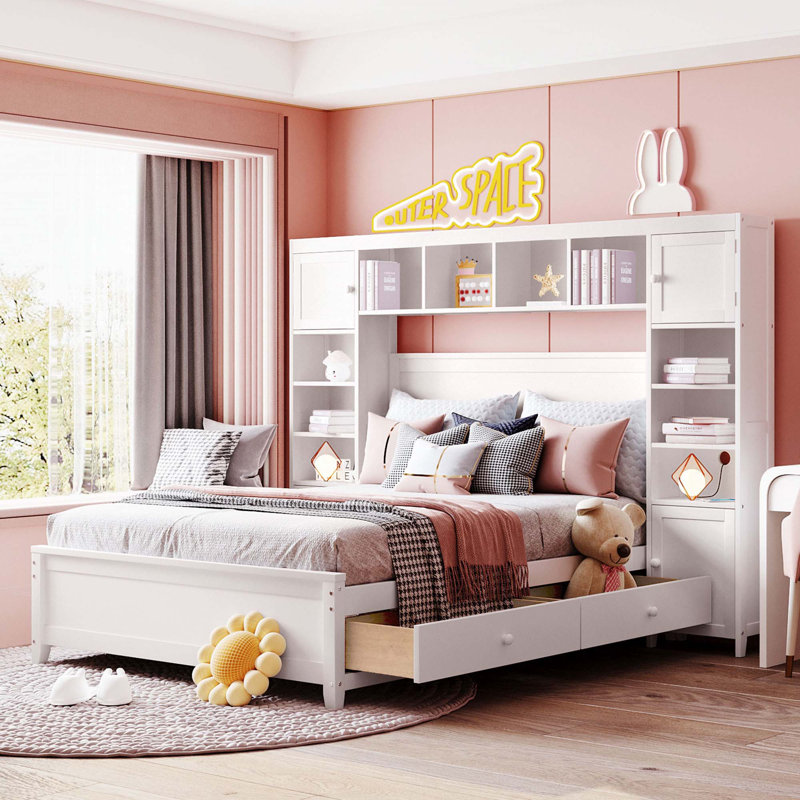 Lit en bois avec armoire et tablette tout-en-un, Couleur, Blanc