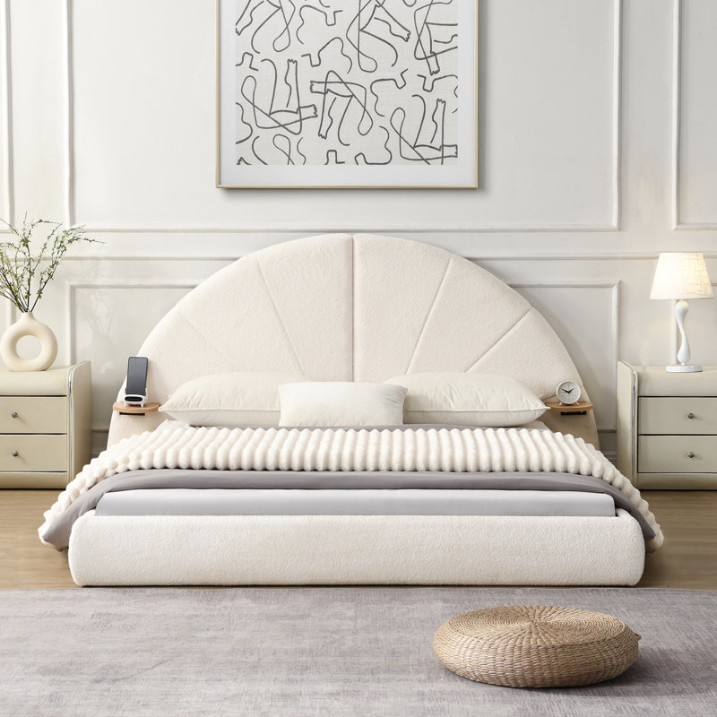 Grand lit arqué unique en forme de reine beige - Boucl luxueux, touche confortable, conception autoportante, s'adapte au lit simple de style chambre à coucher moderne, grand, revêtement Boucl, facile à nettoyer, petite table pour