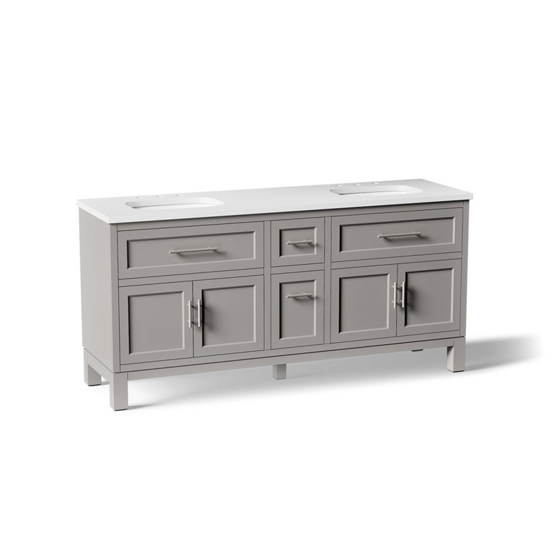Meuble-lavabo mural simple avec plateau en bois massif Quo, Mohair gris, 73"