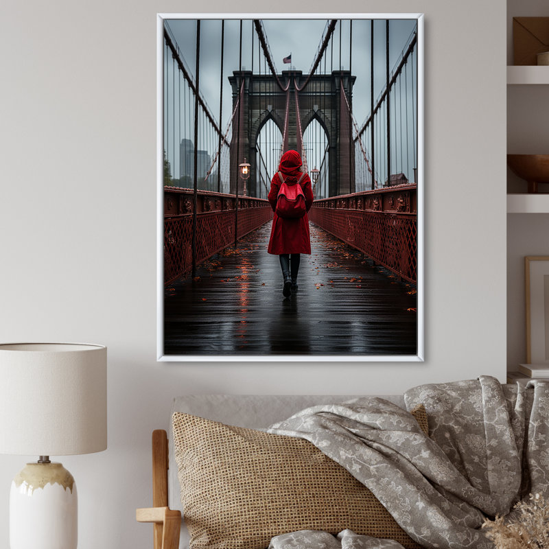 «Hodon Red Gray New York Brooklyn Bridge II», reproduction sur toile, H 20 po x l 12 po x P 1 po, Cadre flottant blanc