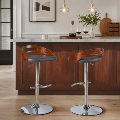 Adjustable Barstool With Swivel In Chrome Metal, Walnut Wood And Grey Faux Leather With Round T Footrest - Set Of 2