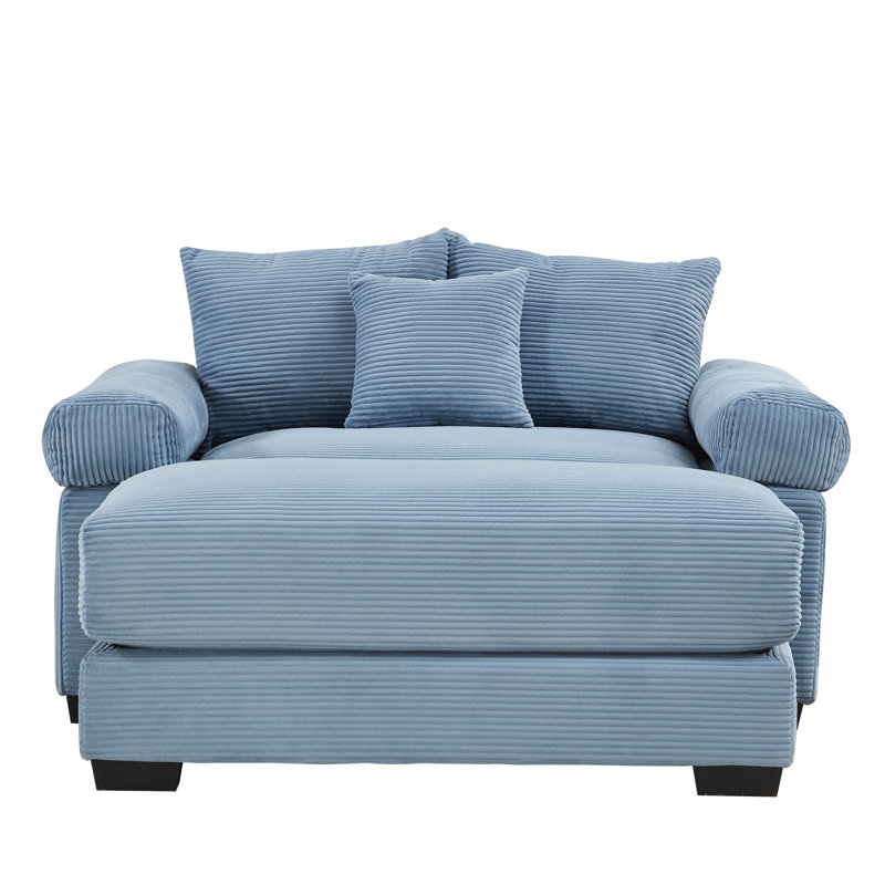 Flyn 54.3" Corduroy Upholstered Accent Chair with Ottomans & Pillow, Blue