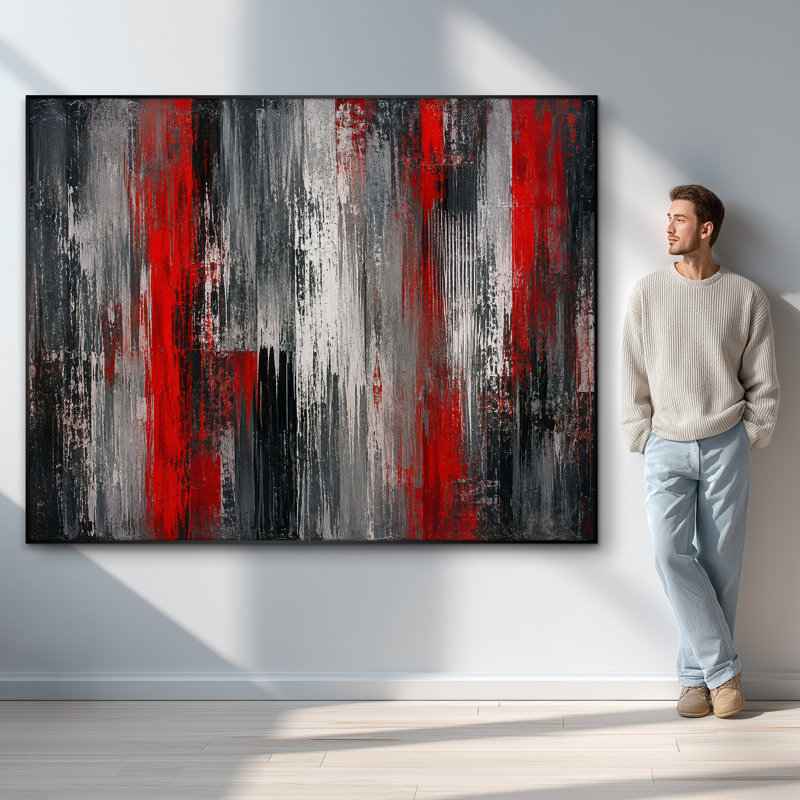Très grand reproduction d'art sur tissu - Composition abstraite rouge pour salon contemporain - "Assemblage requis (cadre non fini)"