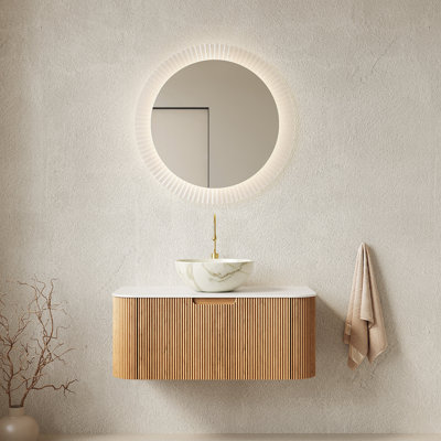 Meuble-lavabo 36 po, meuble-lavabo rayé à bords arrondis avec tiroir, cuve en céramique blanc mat et plateau en pierre frittée blanc de Carrare, pré-assemblé, couleur grain de bois naturel