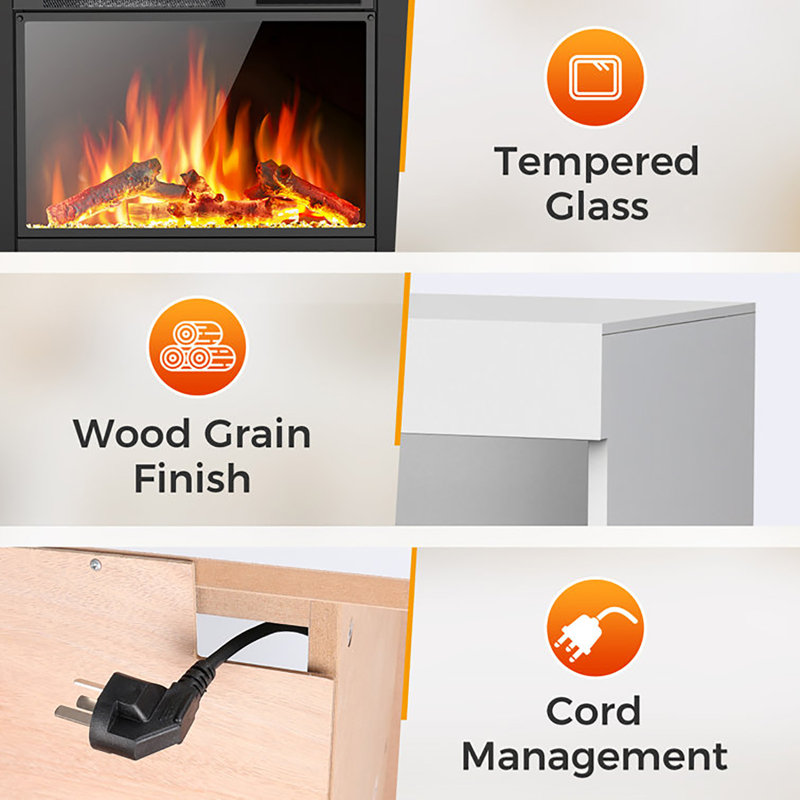 60" Electric Fireplace TV Stand with Remote,4 Flame & 12 Crystal Colors with Auto-Glow,Fully Adjustable 3D Flame,Sleep Timer & Safety Protection,White