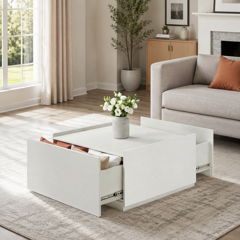 Table basse de style transitionnel avec tiroirs de rangement, fini blanc, mobilier de salon