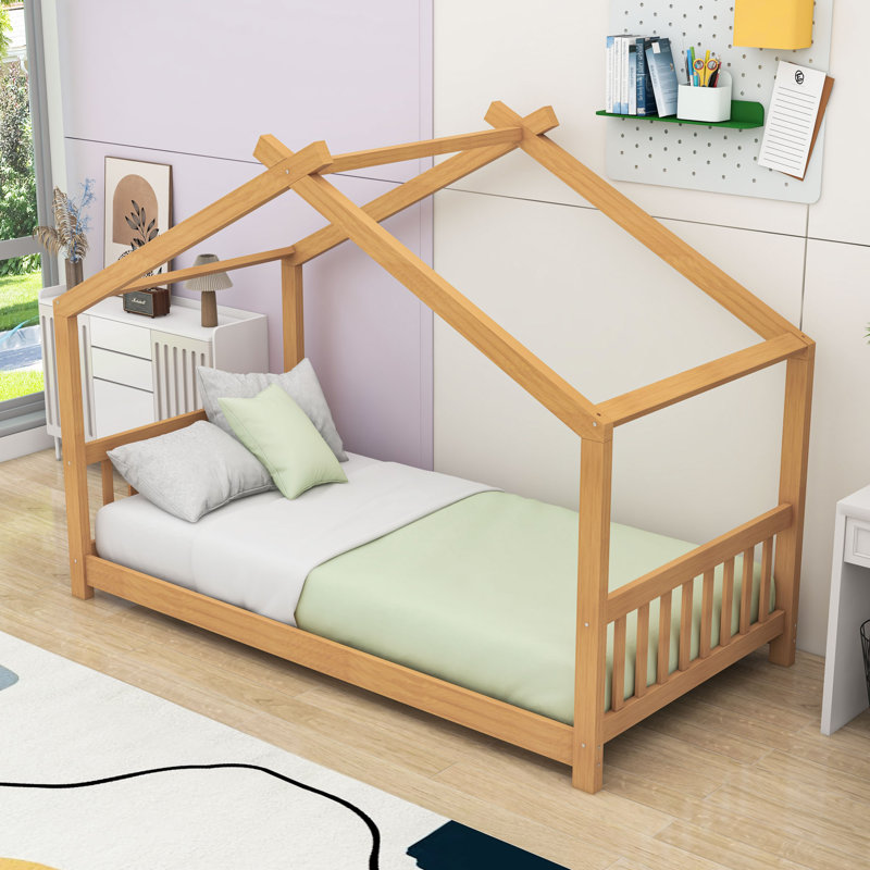 Twin House-Shaped Platform Bed With Slats, Natural