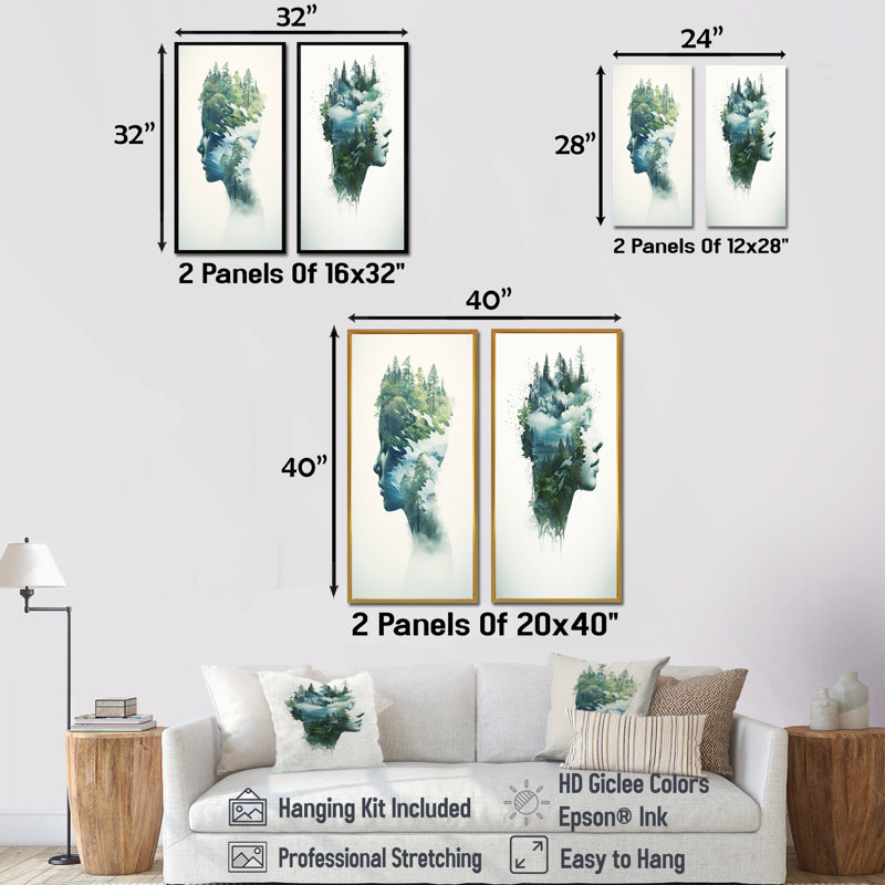 Mindfulness Calming Double Exposure Portrait - Ensemble de 2 reproductions de toiles abstraites, Encadrement doré