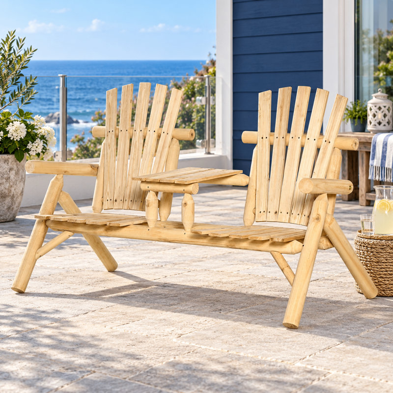 Banc Adirondack double classique à lattes avec table partagée, idéal pour des réunions confortables sur la véranda et dans le jardin.