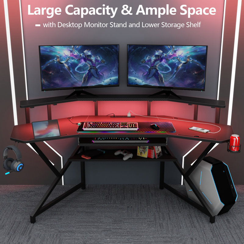 Berlanga Gaming Desk with Power Outlet & Led Strip, Large Wing-Shaped Computer Desk with Monitor Stand
