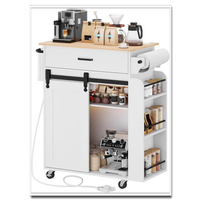 White And Natural Rolling Kitchen Island With Storage, Kitchen Cabinet With Charging Station And Sliding Door
