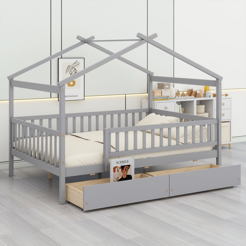 Lit en bois avec deux tiroirs, Gris