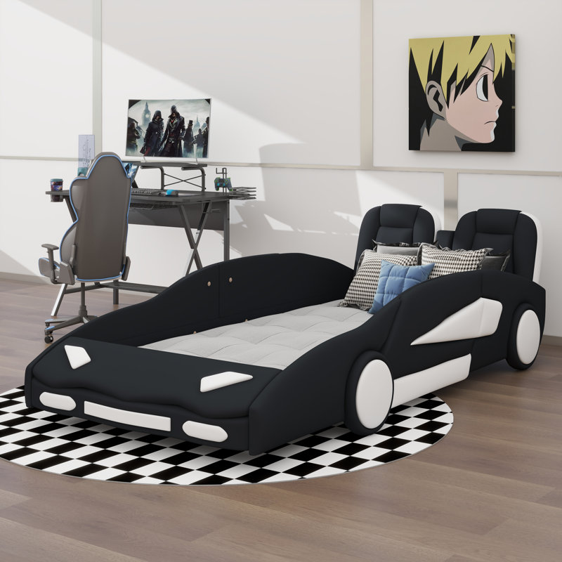 Lit plateforme simple en forme de voiture de course avec roues, Noir, noir, noir, noir