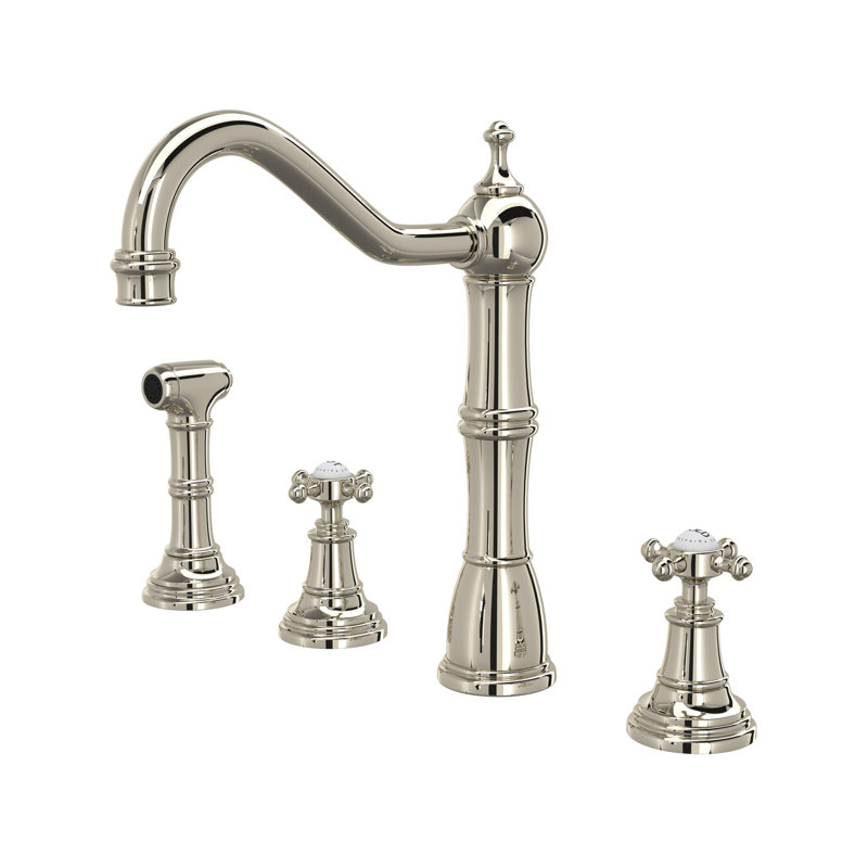 Edwardian Two Handle Kitchen Faucet With Side Spray, Polished Nickel, Knob/Cross handle