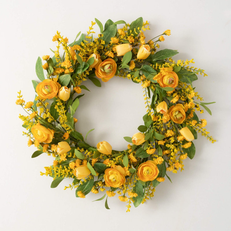 Couronne de renoncule artificielle; Jaune, L 24 po x H 24 po x P 4,5 po