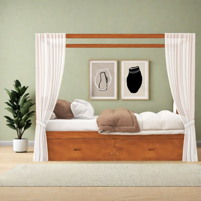 Space-Saving Queen Bed with Storage, Wood Frame, Modern Style
