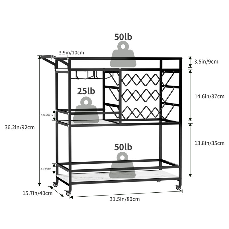 36"H Mirvjena 3 Tier Metal Bar Cart with Wine Rack for Kitchen Living Room Party, Stylish Black