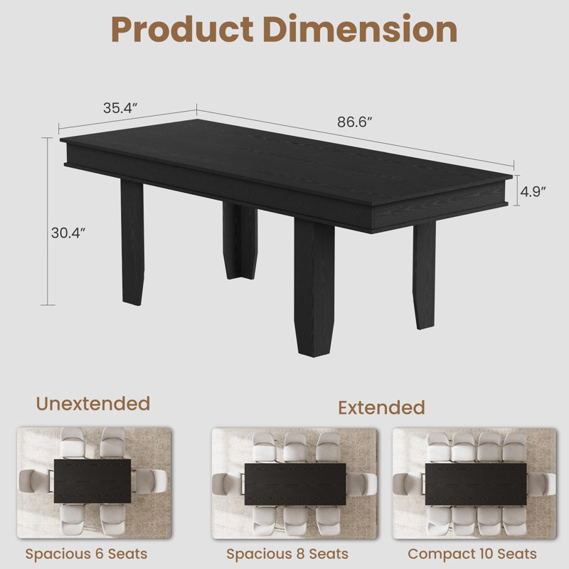 Table de salle à manger extensible de 63 à 86,6 po pour 6 à 10 personnes - Grande table rectangulaire avec cadre en bois robuste, pour la salle à manger et la cuisine