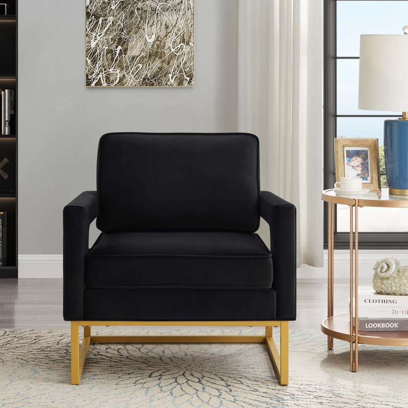 Fauteuil d'appoint rembourré en velours avec base en métal doré robuste pour des loisirs confortables, Velours noir