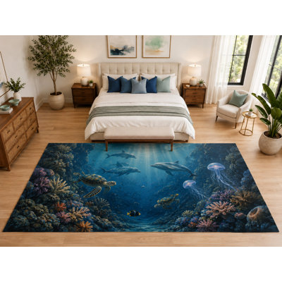 Tapis « Ultra Fin » grand format (201 cm x 300 cm) à motif récif de dauphins pour chambre, tapis d'intérieur doux à poils courts avec envers antidérapant en silicone, bleu foncé