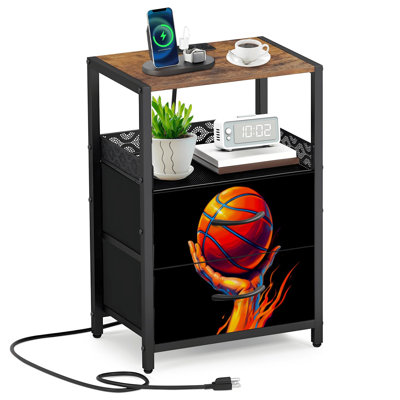 Table de chevet 2 tiroirs en tissu avec station de charge Thème du basket-ball abstrait graffiti coloré Sport Basketball Table de chevet avec table ouverte et ports USB