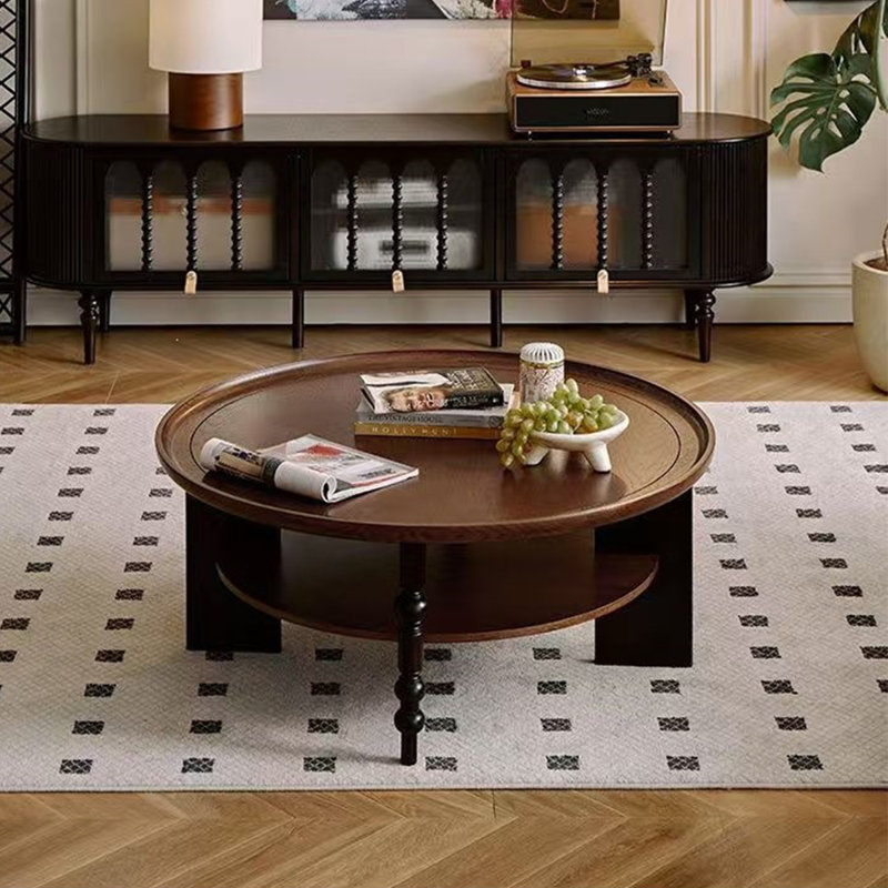 Ensemble de tables basses rondes en bois massif brun, Brun et noir