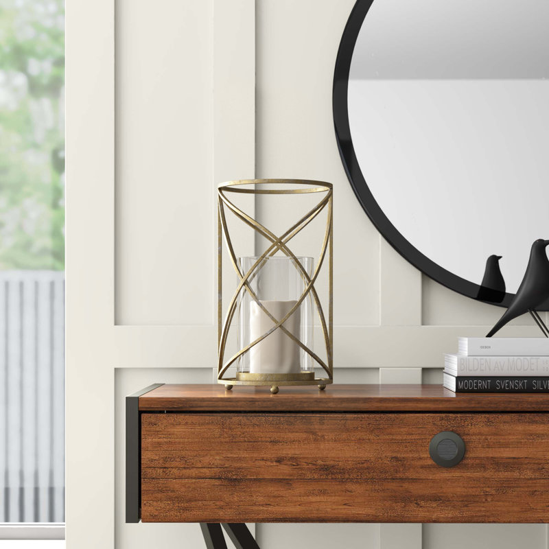 Metal and Glass Pillar Candle Holder with Openwork Geometric Frame - Decorative Accent for Modern and Glam Spaces, Gold