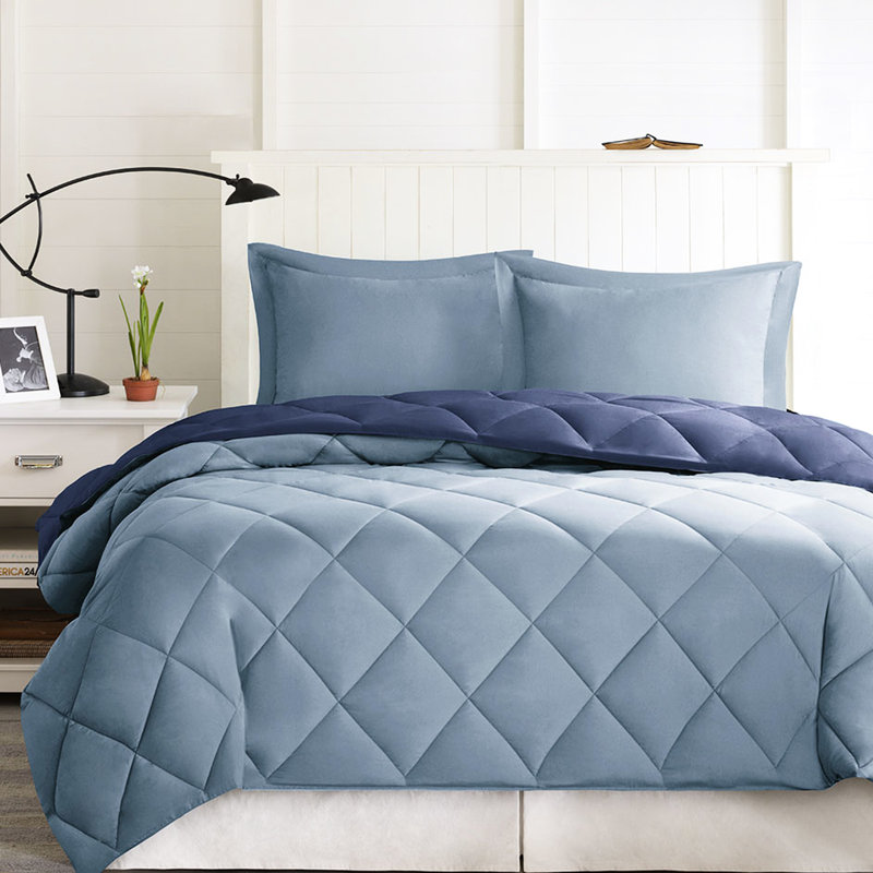 Édredon chaud et relaxant de 3 m avec taies décoratives matelassées réversibles à brides double / grand, Bleu marine/clair