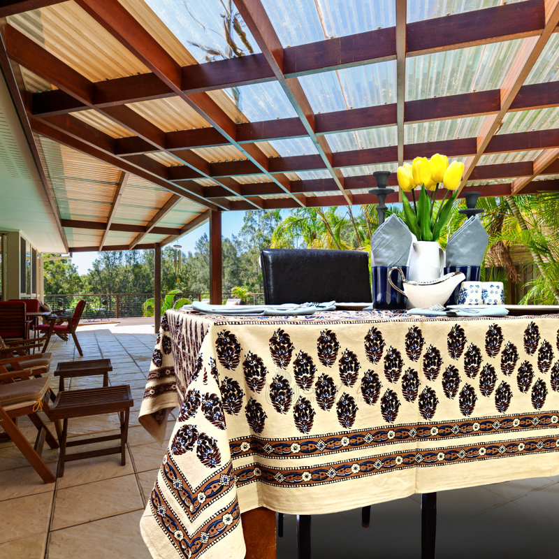 Hand-Printed Beige and Black Cotton Floral Tablecloth