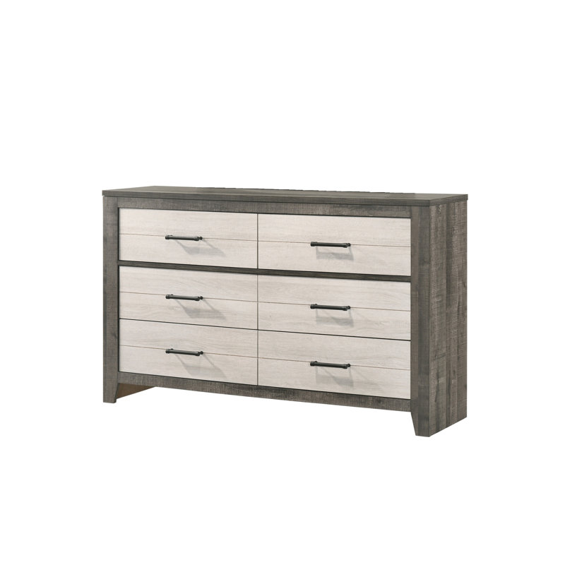 Commode 6 tiroirs bicolore grise et beige 1pc avec poignées en métal pour un rangement pratique au chevet