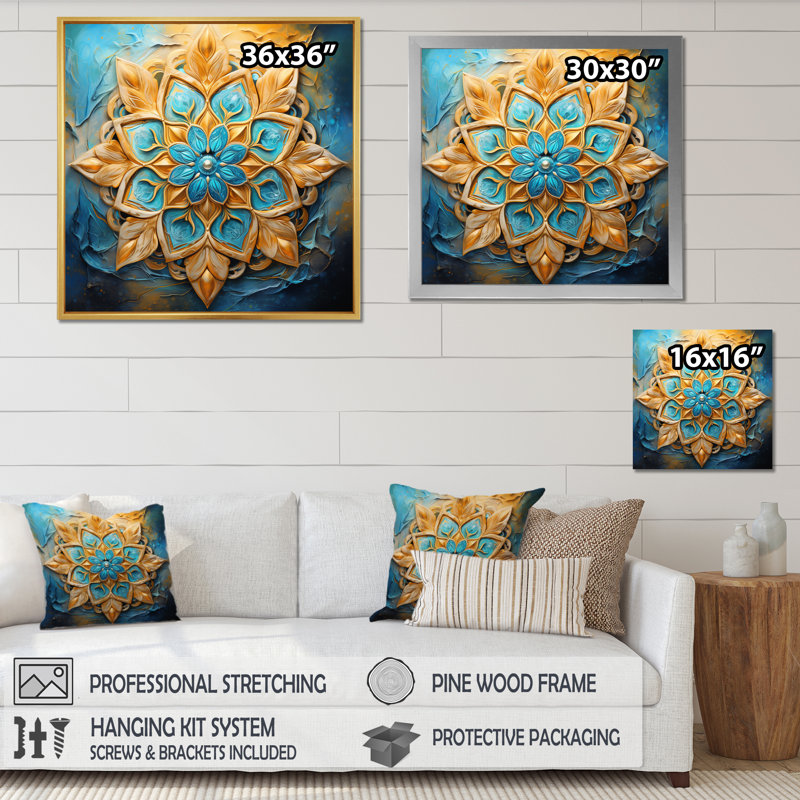 «Divine Mandala», reproduction sur toile encadrée dorée et turquoise rétro, H 24 po x l 24 po x P 1 po, Cadre simple argenté