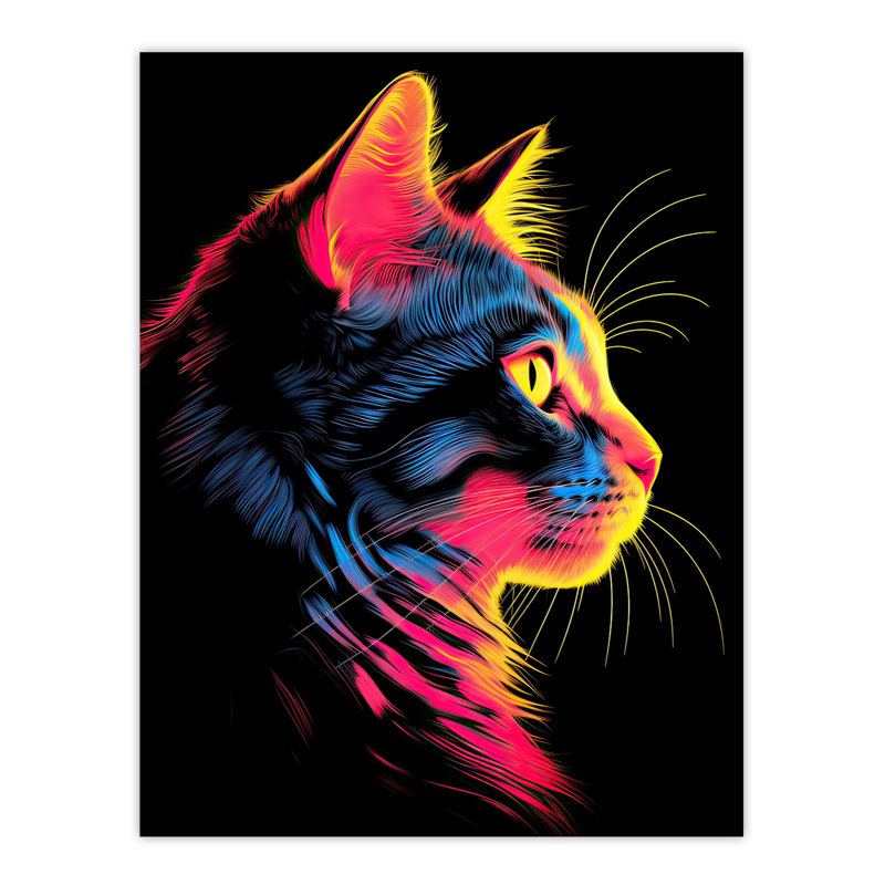 Wall Art Print Black Neon Cat Painting Vibrant Bold Contrast Pet Portrait Poster