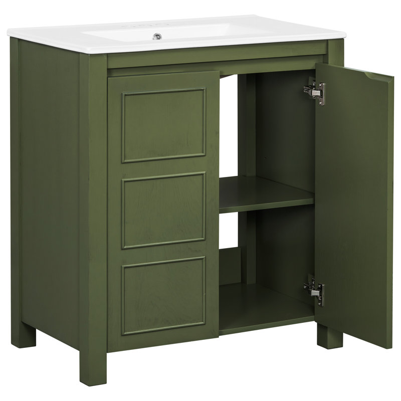 Meuble-lavabo de 30 po de couleur olive avec lavabo en céramique, poignées de porte cachées, fonction de fermeture en douceur et assemblage facile pour les petits espaces