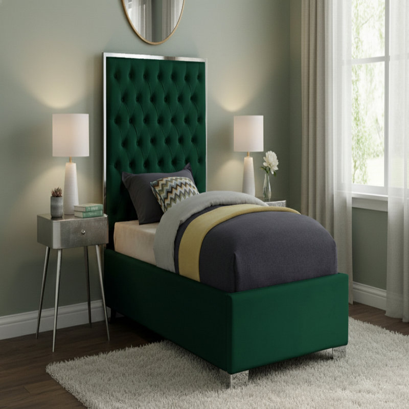 Spadaro Upholstered Platform Bed, Green Velvet, Silver, Twin