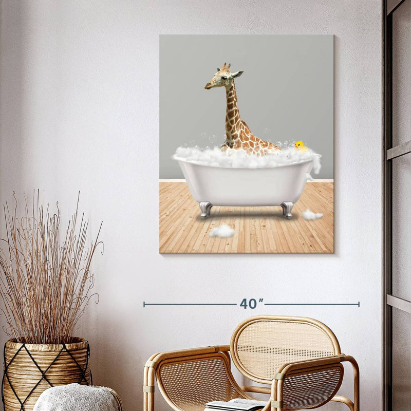 Impression sur toile, girafe et baignoire, H 40 po x l 32 po x P 1,25 po