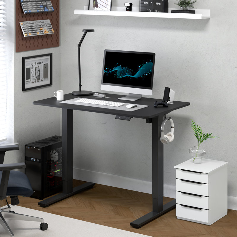 Ergonomic Home Office Height Adjustable Standing Desk Whole-Piece Desktop with Hooks, 46.5" H x 39.37" W x 23.62" D, Black
