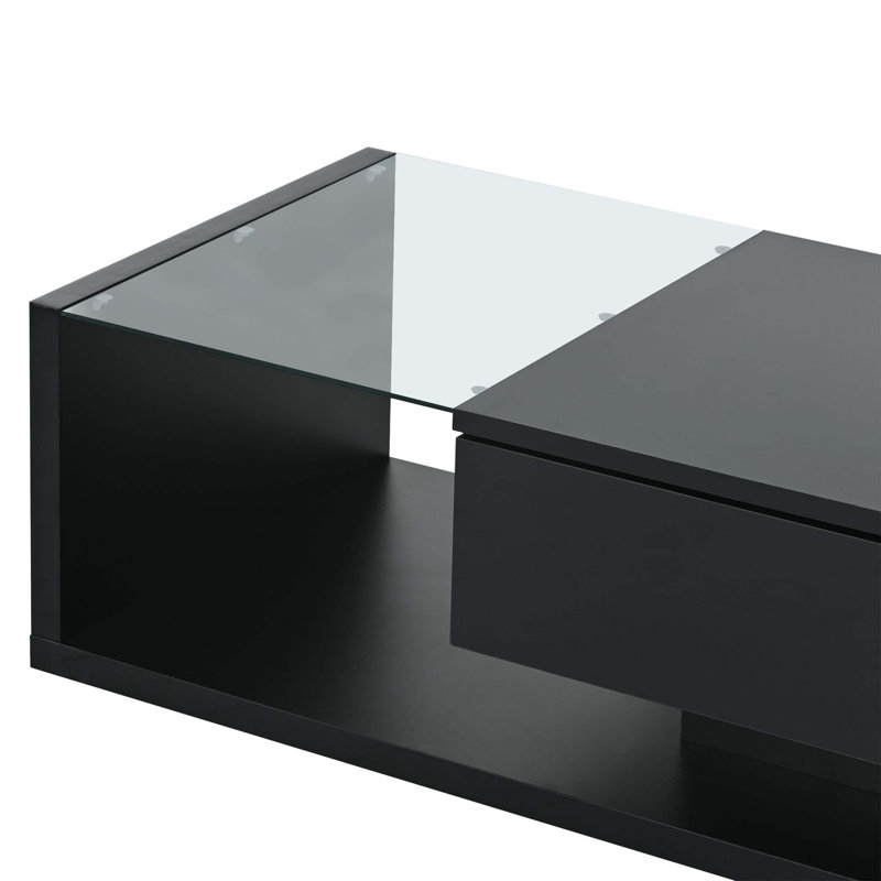 Modern Coffee Table With Tempered Glass, Wooden Cocktail Table With High-Gloss UV Surface, Modernist 2-Tier Rectangle Centre Table For Living Room