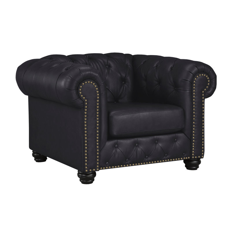 Toddington 48" Wide Tufted Genuine Leather Armchair, Black Leather Match